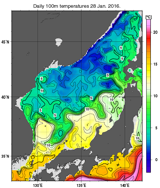 日本海の深さ100mの水温分布図（1月28日）