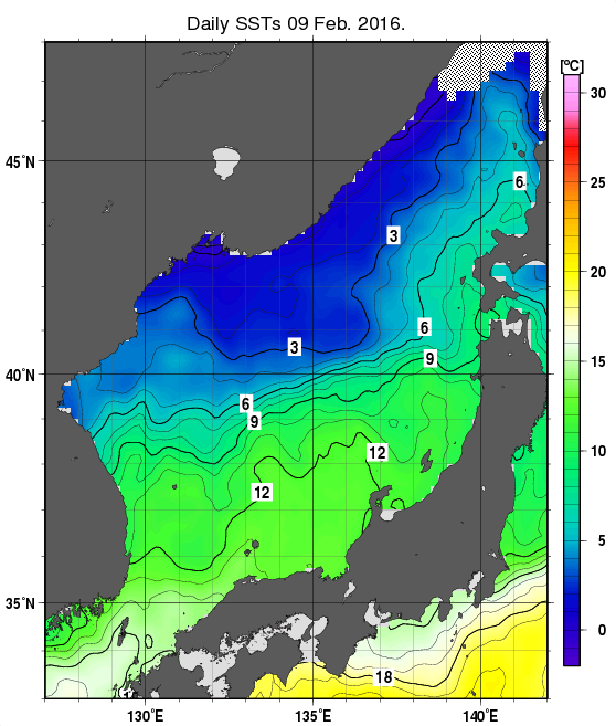 日本海の海面水温分布図（2月9日）