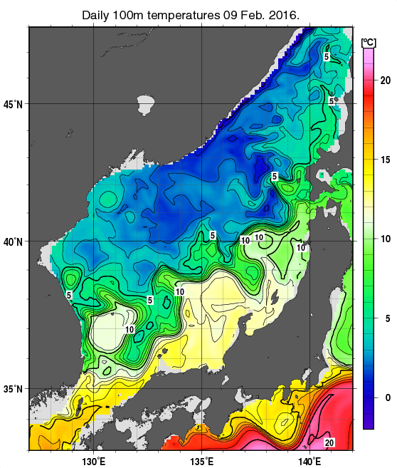 日本海の深さ100mの水温分布図（2月9日）