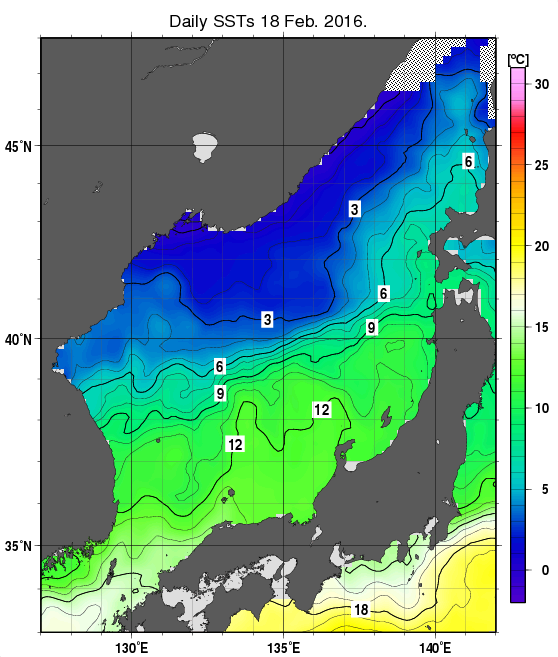 日本海の海面水温分布図（2月18日）