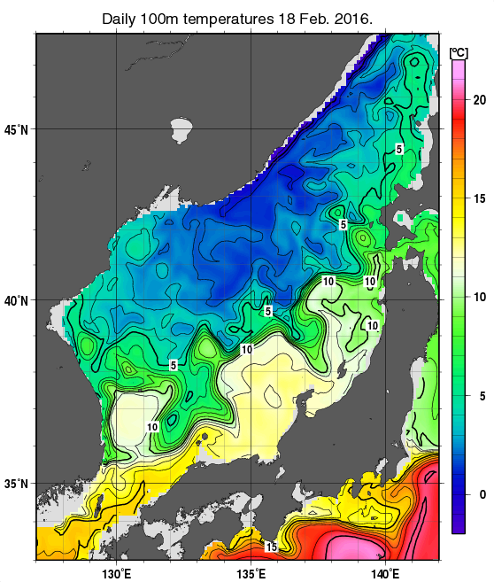 日本海の深さ100mの水温分布図（2月18日）