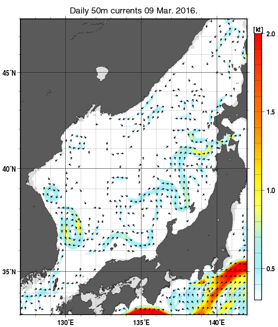 日本海の深さ50mの海流分布図（3月9日）