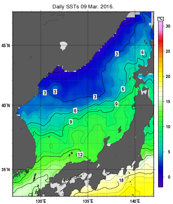 日本海の海面水温分布図（3月9日）