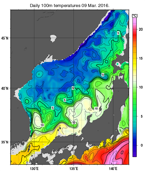 日本海の深さ100mの水温分布図（3月9日）