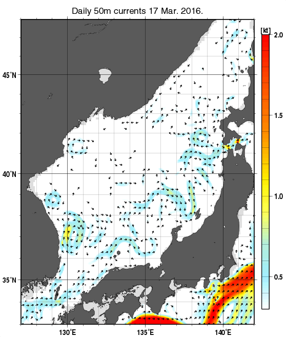 日本海の深さ50mの海流分布図（3月17日）