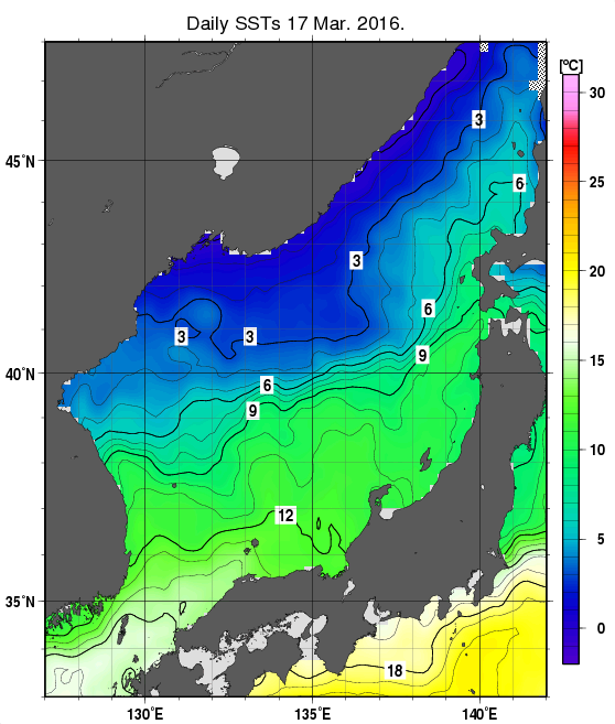 日本海の海面水温分布図（3月17日）