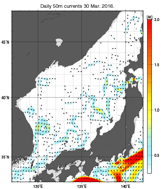 日本海の深さ50mの海流分布図（3月30日）