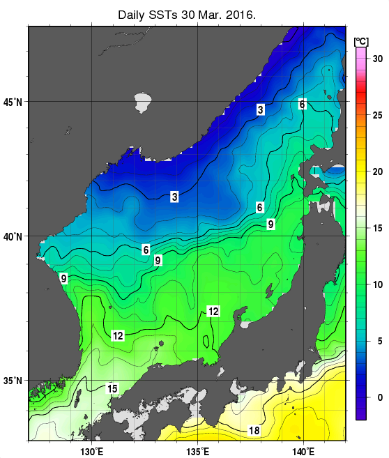 日本海の海面水温分布図（3月30日）