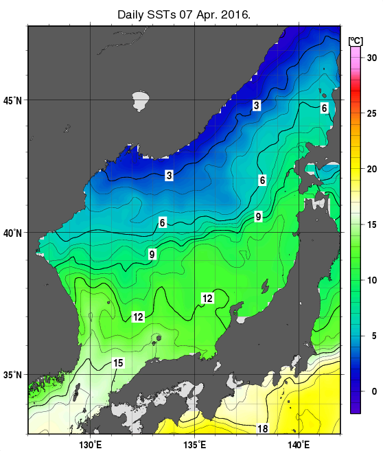 日本海の海面水温分布図（4月7日）