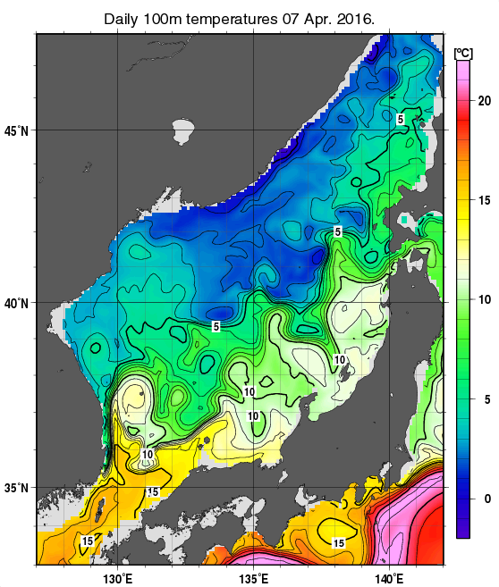 日本海の深さ100mの水温分布図（4月7日）