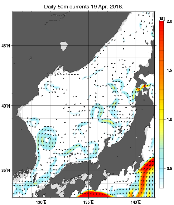 日本海の深さ50mの海流分布図（4月19日）