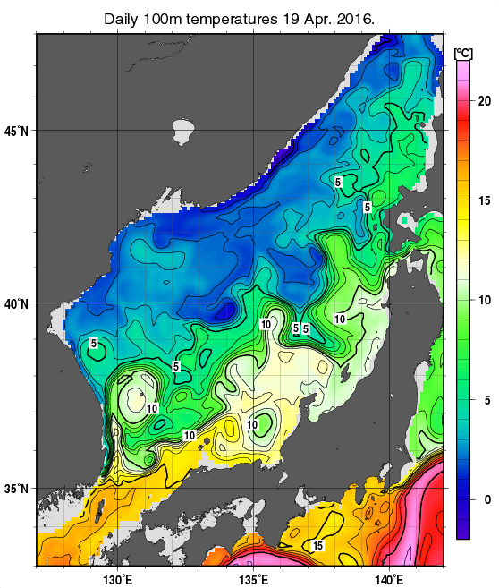 日本海の深さ100mの水温分布図（4月19日）