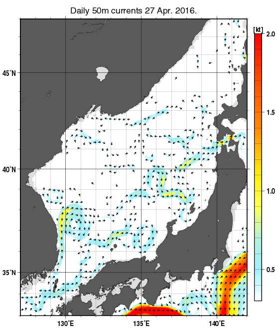 日本海の深さ50mの海流分布図（4月27日）