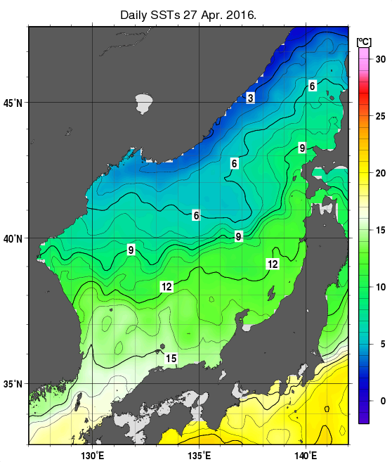 日本海の海面水温分布図（4月27日）