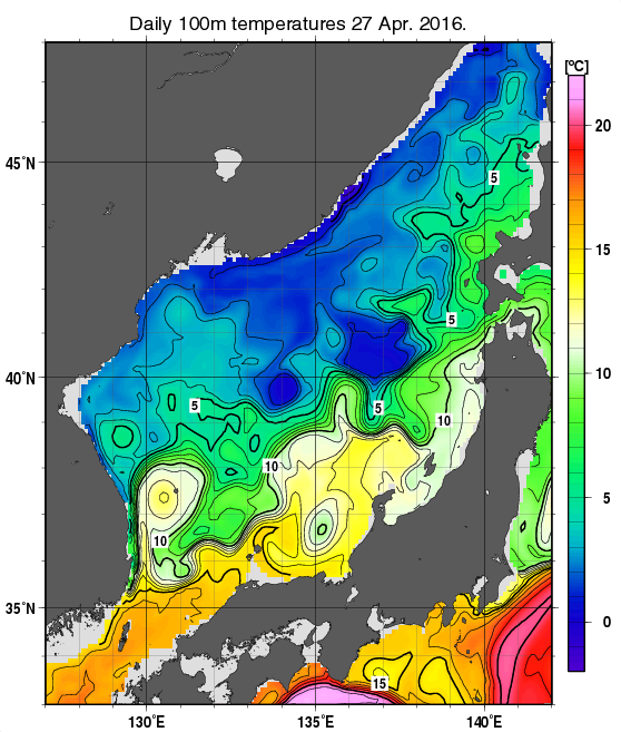 日本海の深さ100mの水温分布図（4月27日）