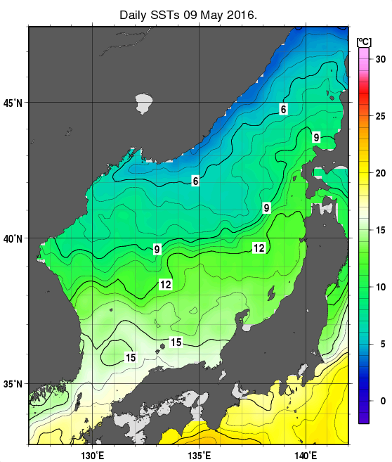 日本海の海面水温分布図（5月9日）