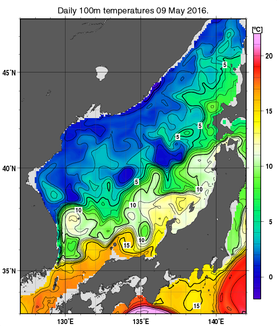 日本海の深さ100mの水温分布図（5月9日）