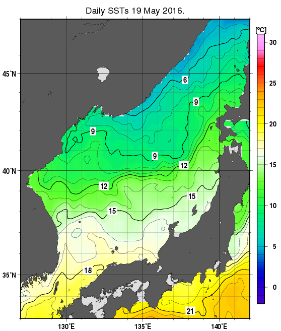 日本海の海面水温分布図（5月19日）