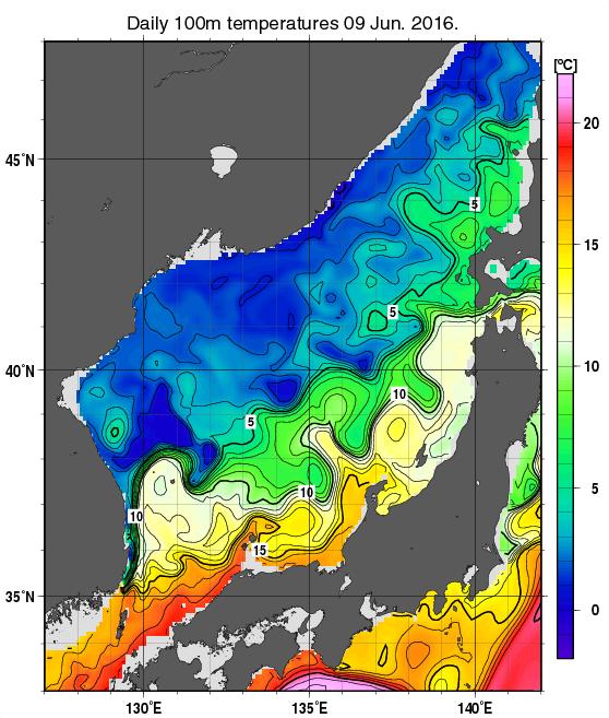 日本海の深さ100mの水温分布図（6月9日）