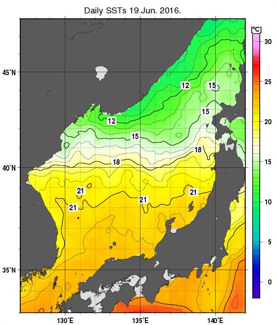 日本海の海面水温分布図（6月19日）