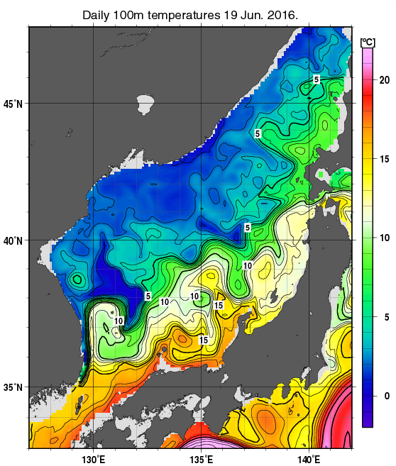 日本海の深さ100mの水温分布図（6月19日）