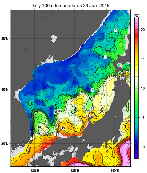 日本海の深さ100mの水温分布図（6月29日）