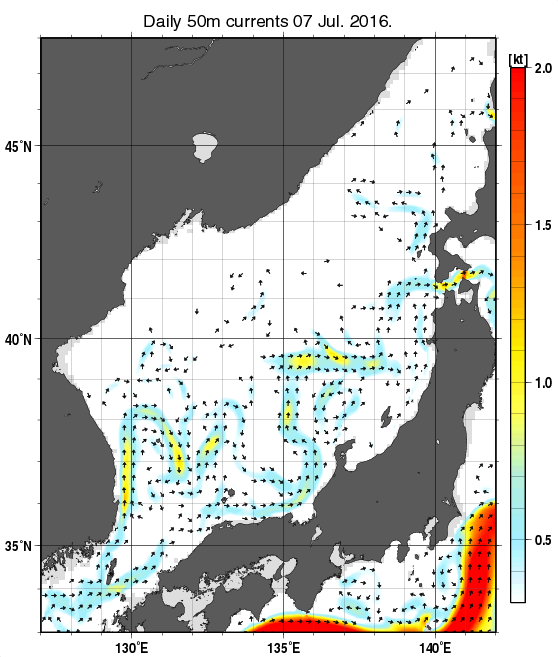 日本海の深さ50mの海流分布図（7月7日）