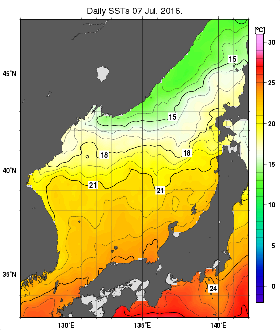 日本海の海面水温分布図（7月7日）