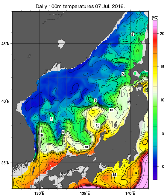 日本海の深さ100mの水温分布図（7月7日）