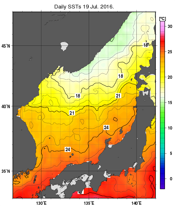 日本海の海面水温分布図（7月19日）