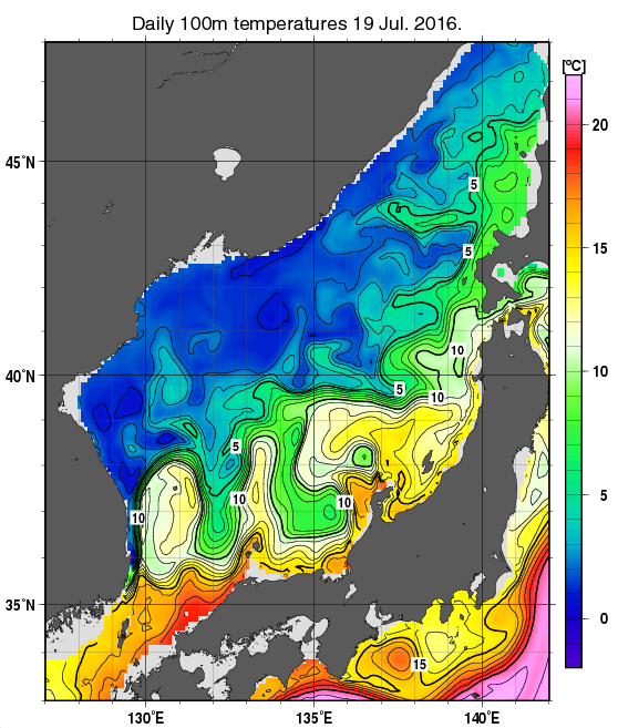 日本海の深さ100mの水温分布図（7月19日）