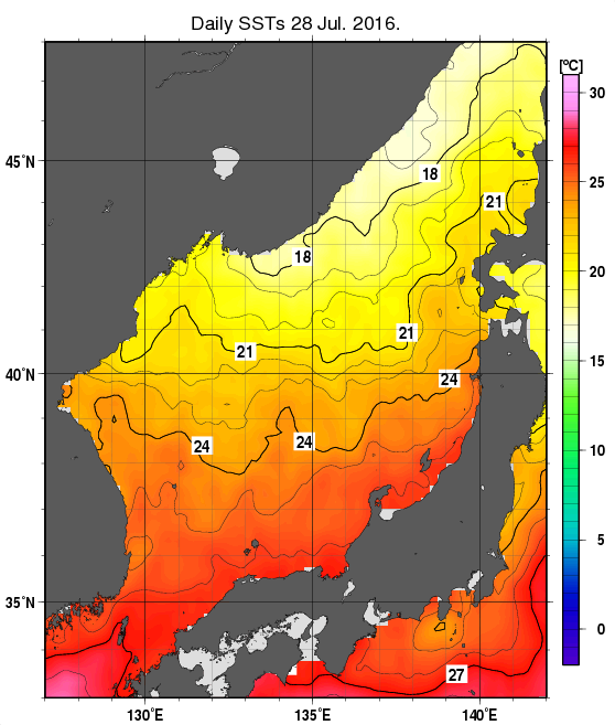 日本海の海面水温分布図（7月28日）