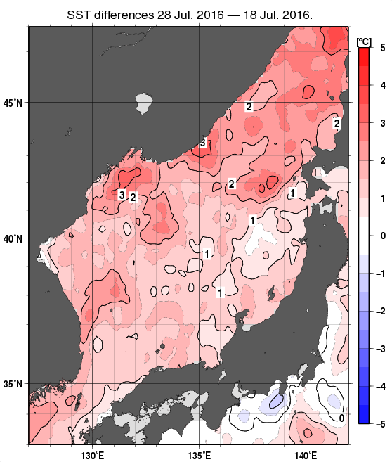 日本海の10日間の海面水温変化量分布図（7月28日）