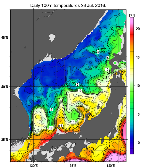 日本海の深さ100mの水温分布図（7月28日）