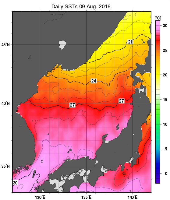 日本海の海面水温分布図（8月9日）