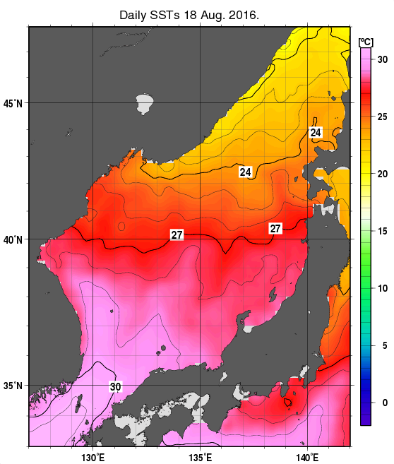 日本海の海面水温分布図（8月18日）