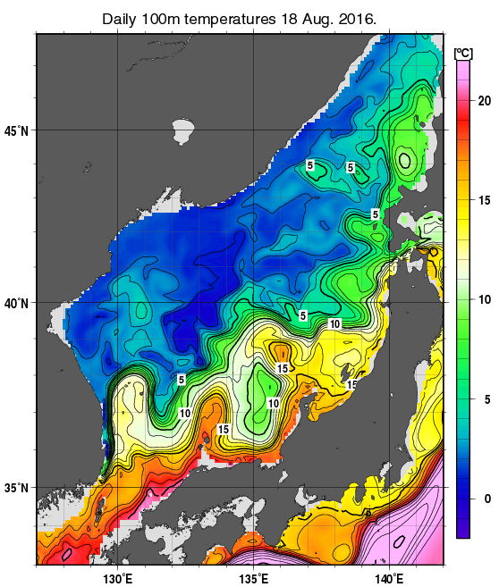 日本海の深さ100mの水温分布図（8月18日）