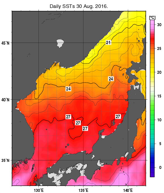 日本海の海面水温分布図（8月30日）