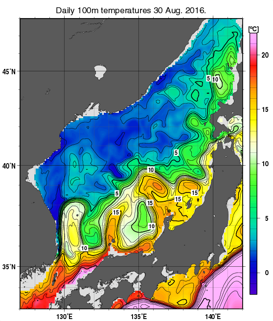 日本海の深さ100mの水温分布図（8月30日）