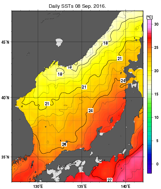 日本海の海面水温分布図（9月8日）