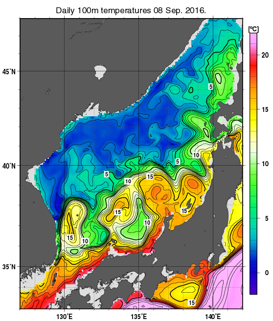 日本海の深さ100mの水温分布図（9月8日）