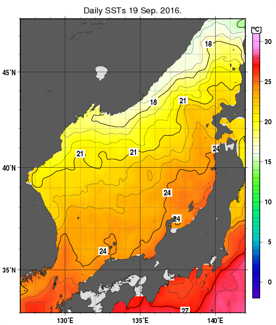 日本海の海面水温分布図（9月19日）