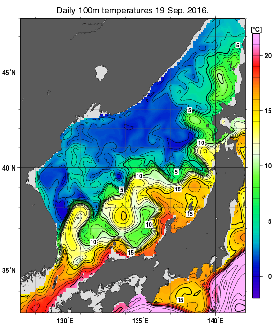 日本海の深さ100mの水温分布図（9月19日）