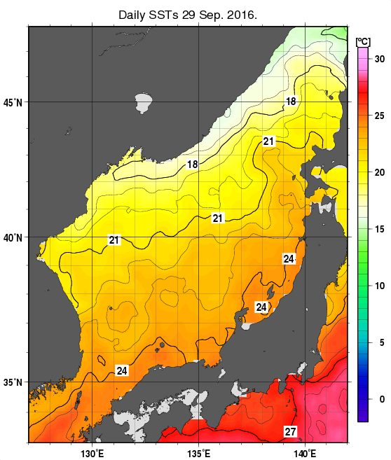 日本海の海面水温分布図（9月29日）