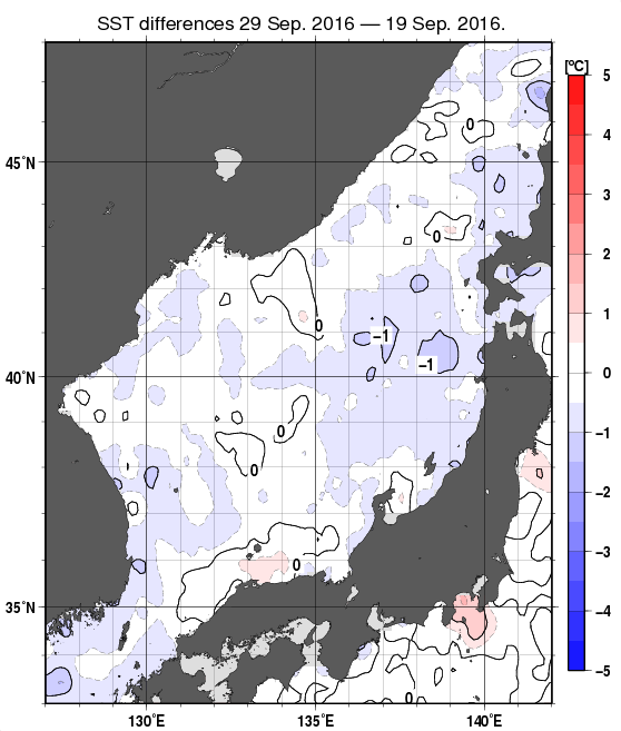 日本海の10日間の海面水温変化量分布図（9月29日）