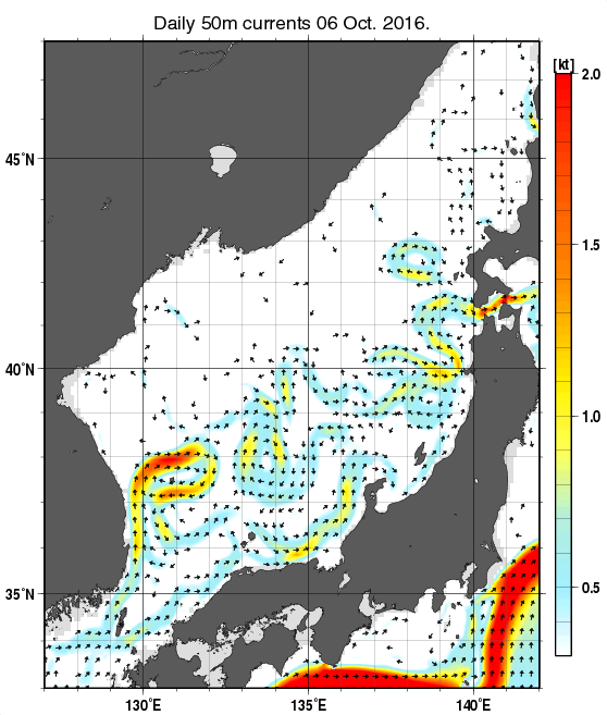 日本海の深さ50mの海流分布図（10月6日）