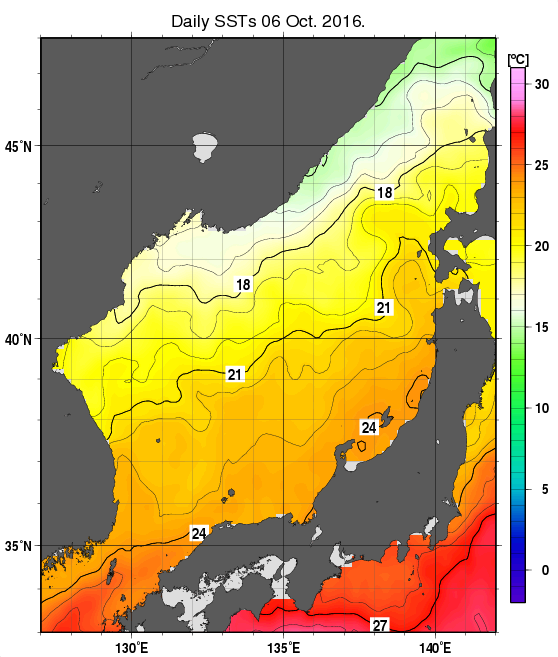 日本海の海面水温分布図（10月6日）