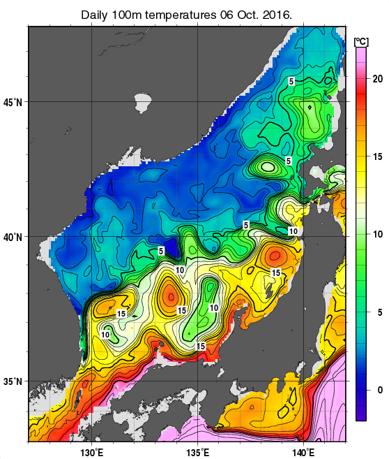 日本海の深さ100mの水温分布図（10月6日）