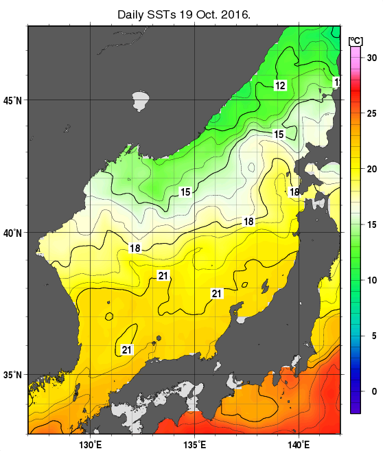 日本海の海面水温分布図（10月19日）