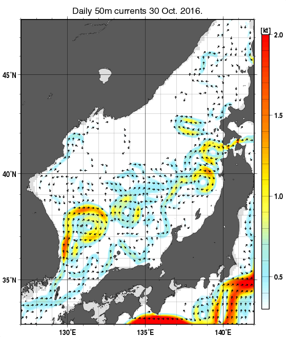 日本海の深さ50mの海流分布図（10月30日）